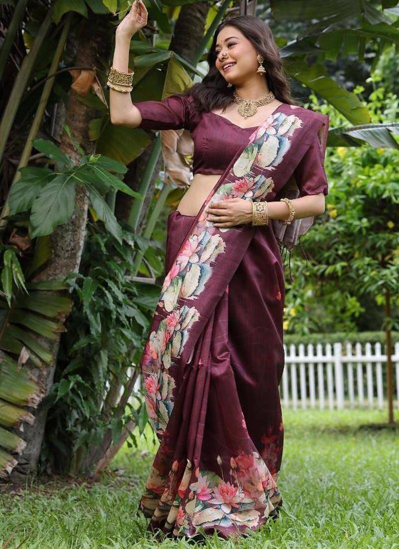 Wine color tussar silk lotus print sarees