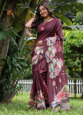 Wine color tussar silk blend lotus print sarees 2