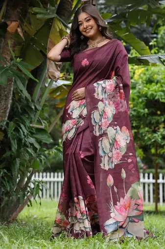 Wine color tussar silk blend lotus print sarees