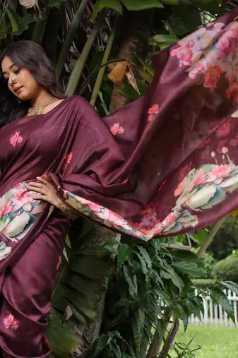 Wine color tussar silk blend lotus print sarees