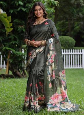 Green color tussar silk blend lotus print sarees 1