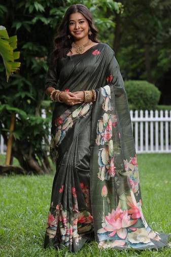 Green color tussar silk lotus print sarees