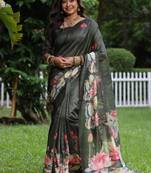 Green color tussar silk lotus print sarees