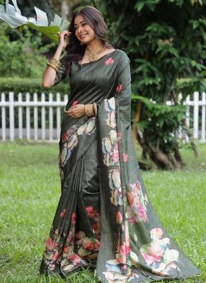 Green color tussar silk blend lotus print sarees 2