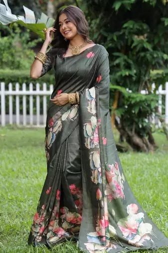 Green color tussar silk blend lotus print sarees