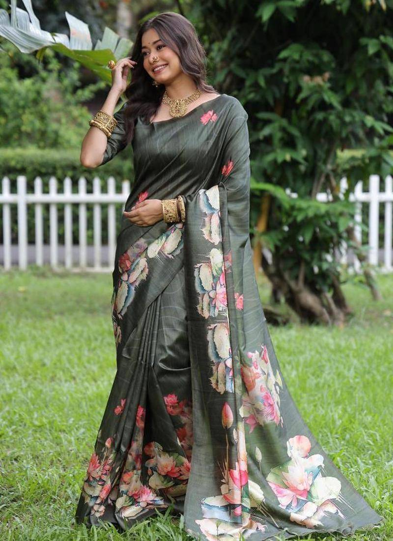 Green color tussar silk lotus print sarees