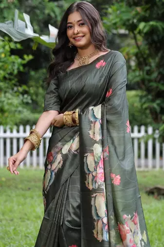 Green color tussar silk blend lotus print sarees