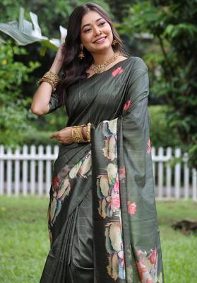 Green color tussar silk blend lotus print sarees 4