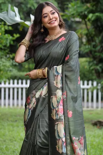 Green color tussar silk blend lotus print sarees