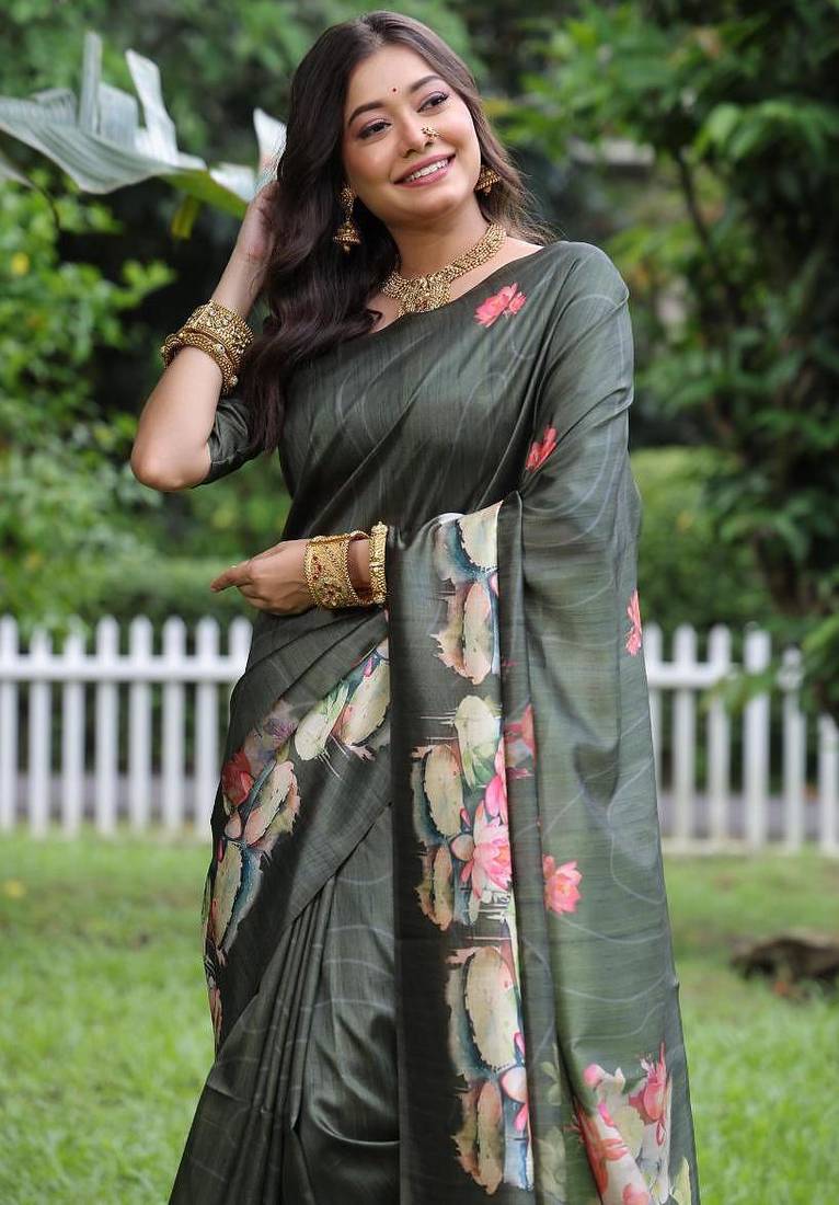 Green color tussar silk lotus print sarees