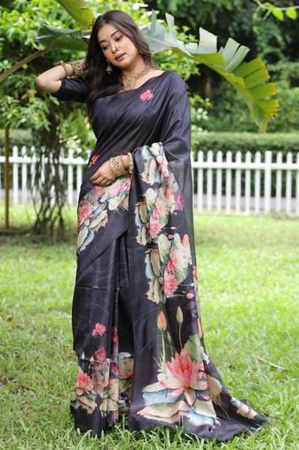 Navy blue color tussar silk lotus print sarees