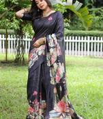 Navy blue color tussar silk blend lotus print sarees