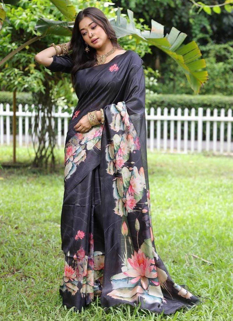 Navy blue color tussar silk lotus print sarees