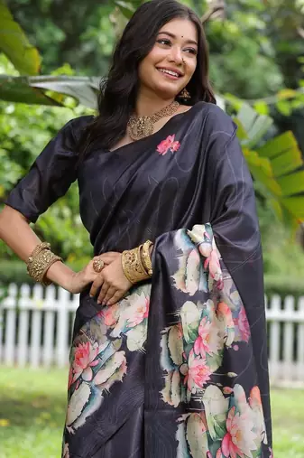 Navy blue color tussar silk blend lotus print sarees