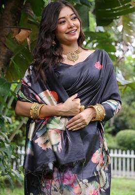 Navy blue color tussar silk blend lotus print sarees 3