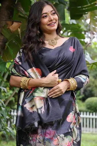 Navy blue color tussar silk blend lotus print sarees