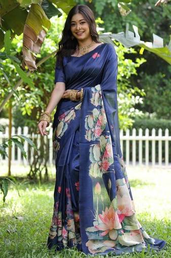 blue color tussar silk lotus print sarees