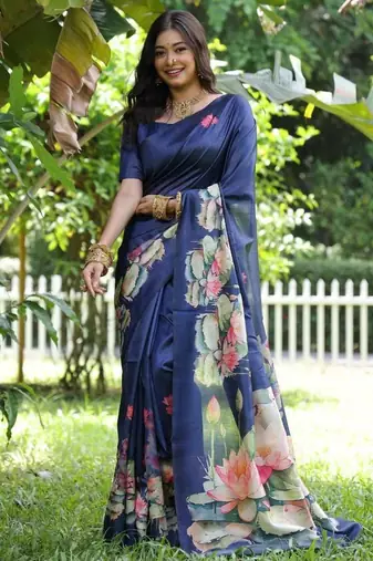 blue color tussar silk blend lotus print sarees