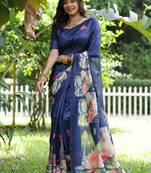blue color tussar silk blend lotus print sarees