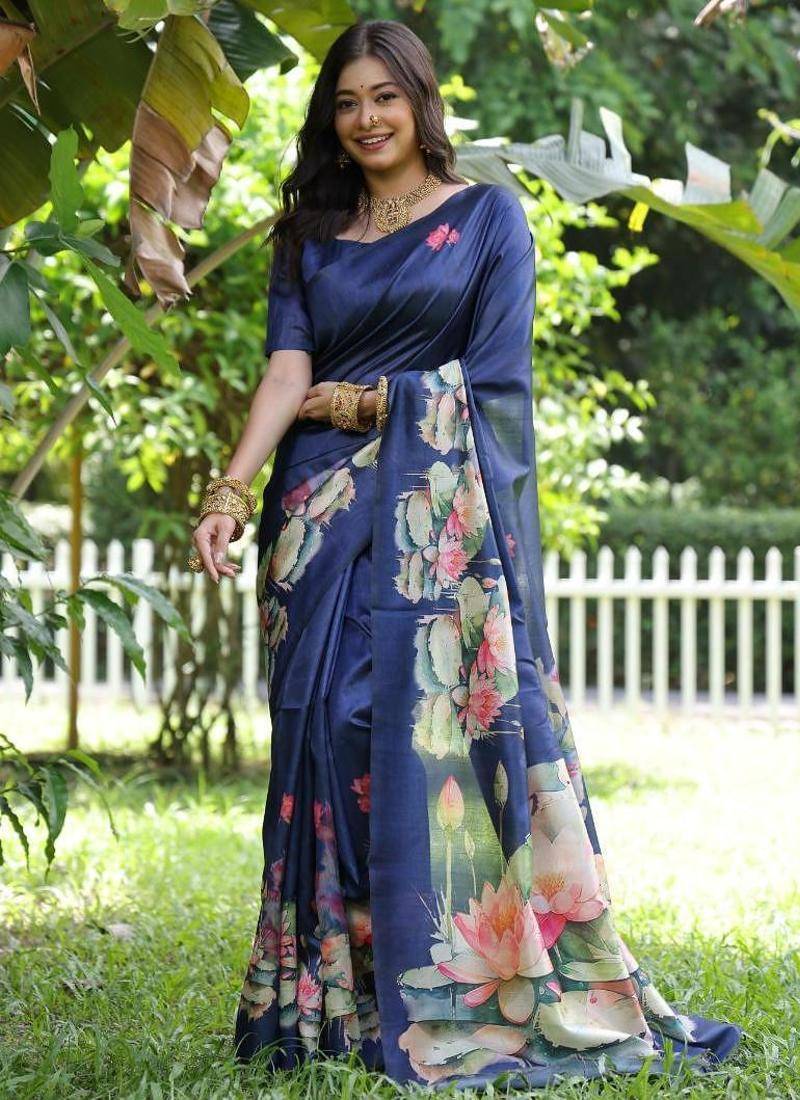 blue color tussar silk lotus print sarees