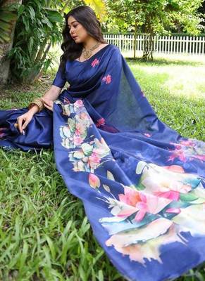 blue color tussar silk blend lotus print sarees 2
