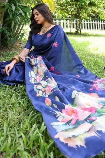 blue color tussar silk blend lotus print sarees
