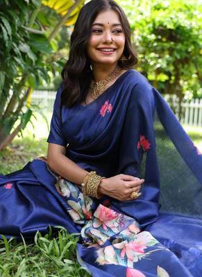 blue color tussar silk blend lotus print sarees 3