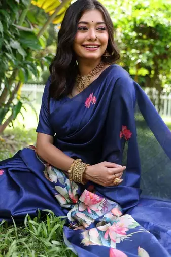blue color tussar silk blend lotus print sarees