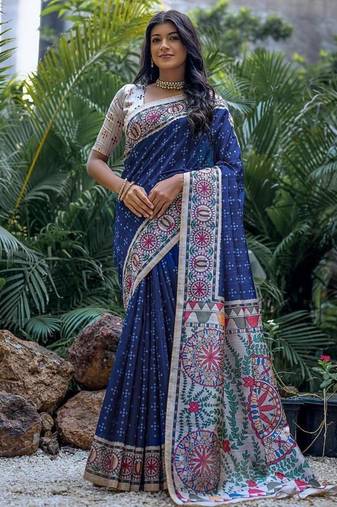 Blue color tussar silk madhubani print sarees