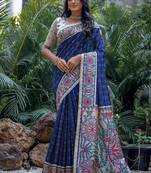 Blue color tussar silk blend madhubani print sarees