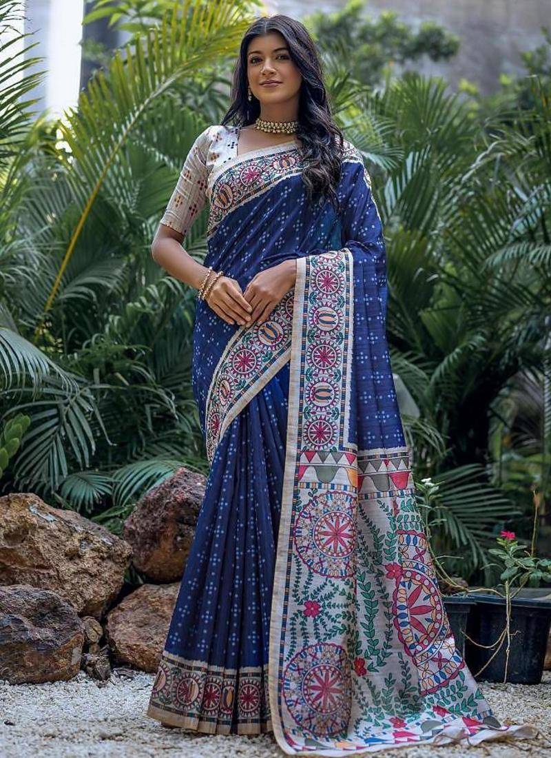 Blue color tussar silk madhubani print sarees