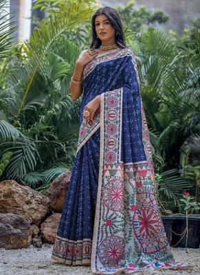 Blue tussar silk blend madhubani print sarees 2
