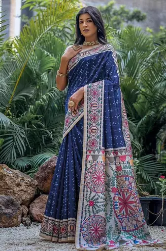 Blue color tussar silk blend madhubani print sarees