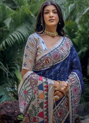 Blue tussar silk blend madhubani print sarees 3