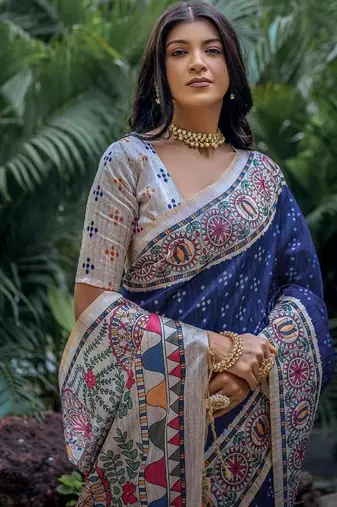 Blue color tussar silk blend madhubani print sarees