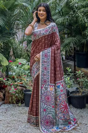 Coffee color tussar silk blend madhubani print sarees
