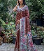 Coffee color tussar silk blend madhubani print sarees