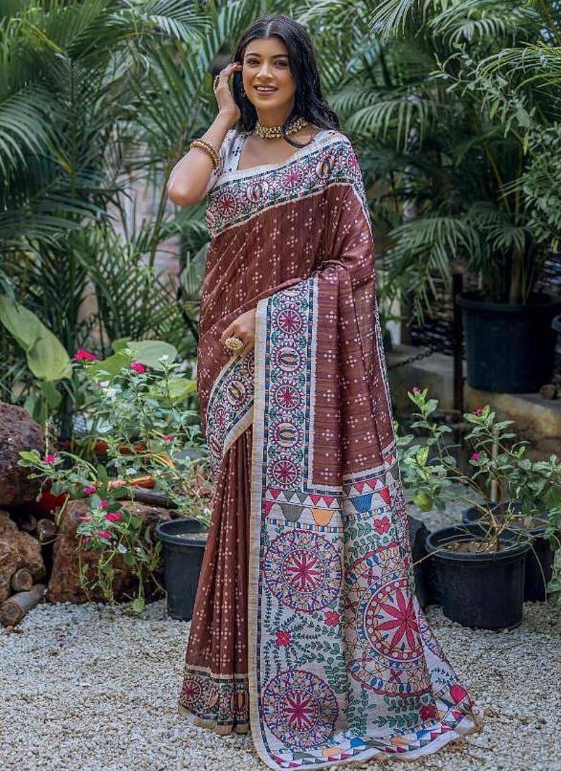 Coffee color tussar silk madhubani print sarees