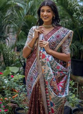 Coffee color tussar silk blend madhubani print sarees 2