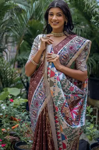 Coffee color tussar silk blend madhubani print sarees