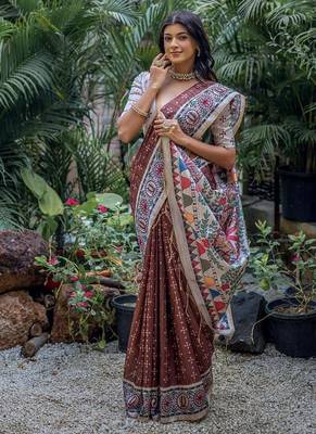 Coffee color tussar silk blend madhubani print sarees 3