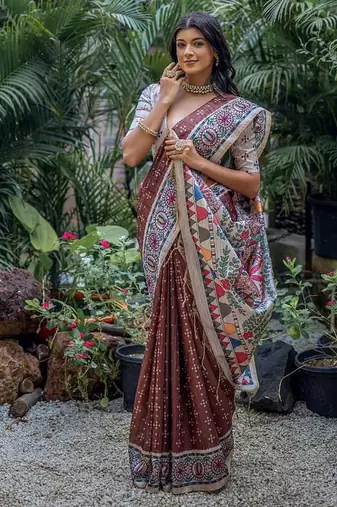Coffee color tussar silk blend madhubani print sarees