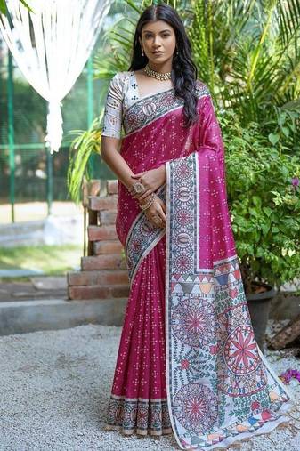 Pink color tussar silk madhubani print sarees