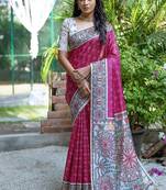 Pink color tussar silk blend madhubani print sarees