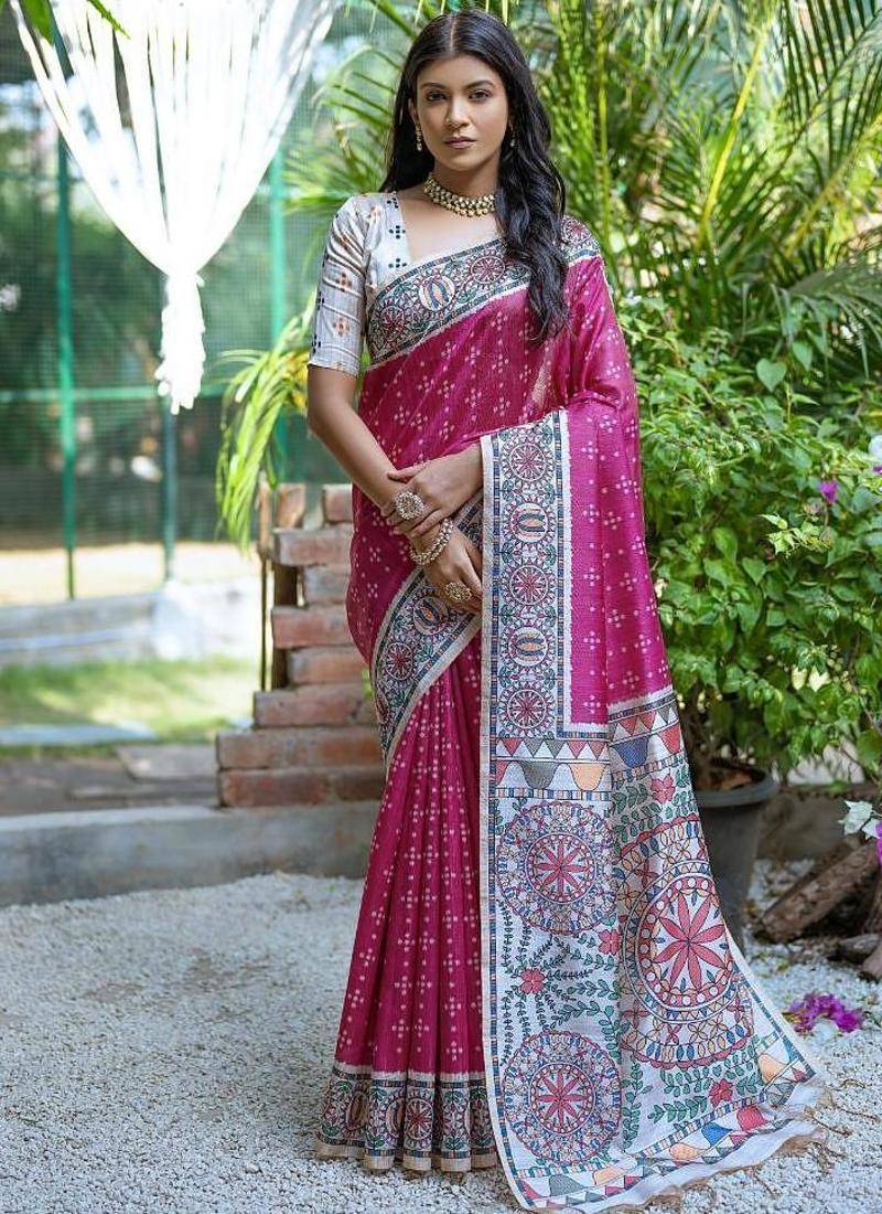 Pink color tussar silk madhubani print sarees