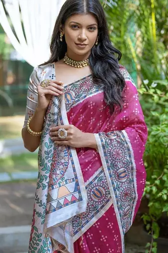 Pink color tussar silk blend madhubani print sarees