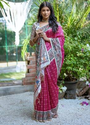 Pink color tussar silk blend madhubani print sarees 3