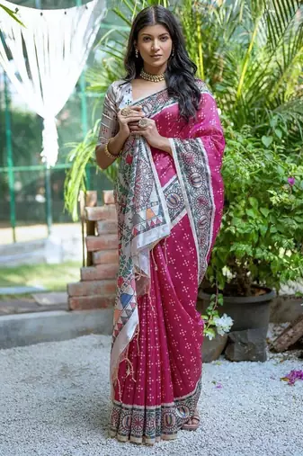 Pink color tussar silk blend madhubani print sarees