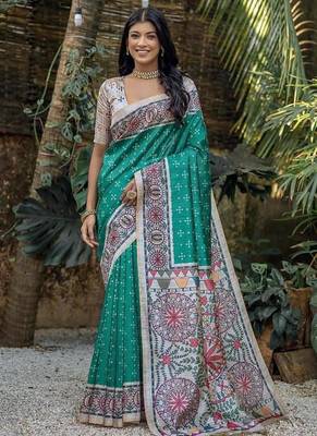Rama color tussar silk blend madhubani print sarees 1