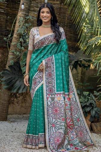 Rama color tussar silk madhubani print sarees